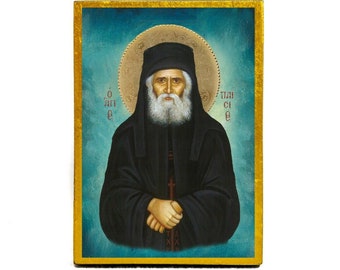 Saint Paisios of Mount Athos icon, Handmade Greek Orthodox icon St Paisios, Byzantine art wall hanging on wood plaque, religious home decor