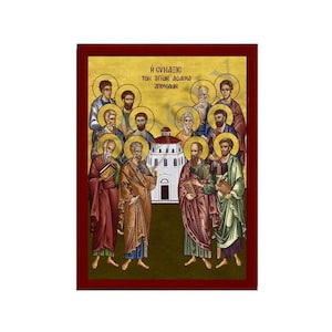 Synaxis of the Apostles-pictogram, handgemaakt Grieks-orthodox icoon van de bijeenkomst van de 12 apostelen, Byzantijnse kunstmuurhangende houten plaquette