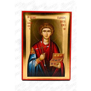 May include: A rectangular religious icon featuring a figure with curly brown hair wearing a red and blue robe. The figure holds a thin cross and a small rectangular box. The background is gold with red Greek text on both sides of the head.