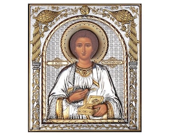 Saint Panteleimon Orthodox Icon, Handmade Christian Wall Art on Sterling Silver 999, Byzantine Religious Gift, Home Decor