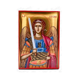 Aartsengel Michaël orthodox icoon, zeefdrukdoek met bladgoud, handgemaakte Grieks-Byzantijnse religieuze muurkunst