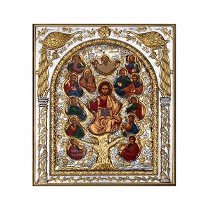 Jesus Christ icon with Apostles , Handmade Silver 999 Greek Orthodox icon of Ampelos True Vine, Byzantine art wall hanging religious plaque