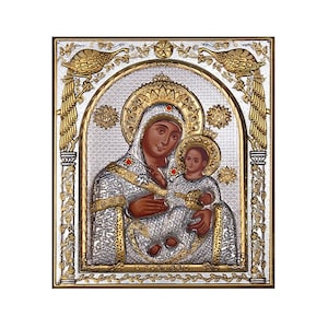 Virgin Mary icon Panagia Bethlehem, Handmade Silver 999 Greek Orthodox icon, Byzantine art wall hanging on wood plaque religious icon gift