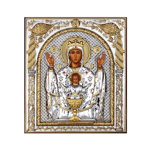 Virgin Mary icon Panagia Platytera, Handmade Silver 999 Greek Orthodox icon, Byzantine art wall hanging on wood plaque religious icon gift