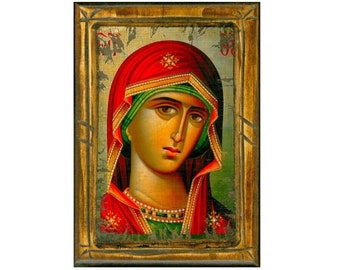 Virgin Mary icon, Handmade Greek Orthodox Icon, Mother of God Byzantine art wall hanging, Theotokos wood plaque 30x21, religious decor