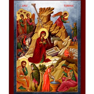 Nativity of Jesus Christ icon, Handmade Greek Orthodox icon, Byzantine art wall hanging wood plaque of the Birth our Lord, religious decor image 2