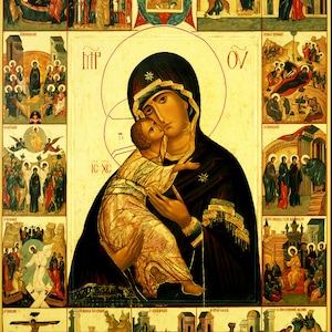 Puede incluir: Un icono religioso que representa a la Virgen Mar&iacute;a sosteniendo al ni&ntilde;o Jes&uacute;s. El icono est&aacute; rodeado de escenas m&aacute;s peque&ntilde;as de la vida de Jes&uacute;s, incluyendo su nacimiento, crucifixi&oacute;n y resurrecci&oacute;n.