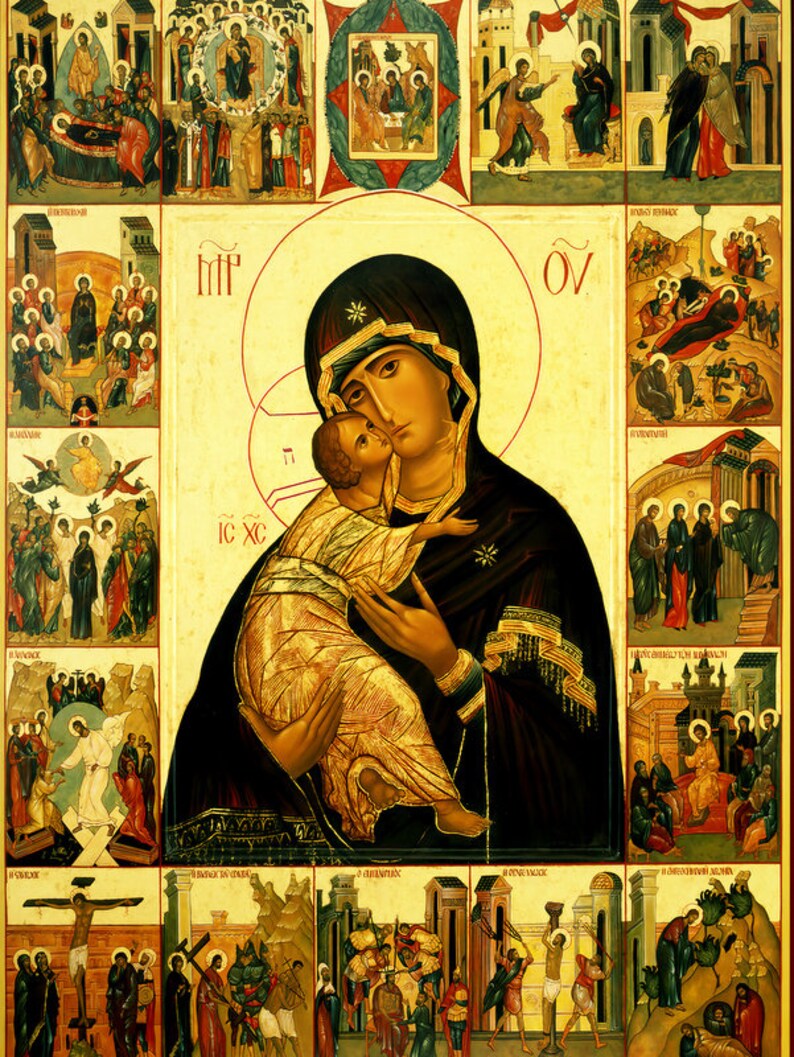 Puede incluir: Un icono religioso que representa a la Virgen Mar&iacute;a sosteniendo al ni&ntilde;o Jes&uacute;s. El icono est&aacute; rodeado de escenas m&aacute;s peque&ntilde;as de la vida de Jes&uacute;s, incluyendo su nacimiento, crucifixi&oacute;n y resurrecci&oacute;n.