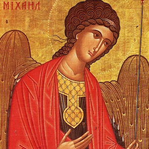 May include: A Byzantine icon depicting the Archangel Michael, a winged figure with a golden halo and a red robe. The icon is painted on a gold background with the text "&Omicron; &Alpha;&Rho;&Chi;&Omega;&Nu; &Mu;&Iota;&Chi;&Alpha;&Eta;&Lambda;" in Greek.