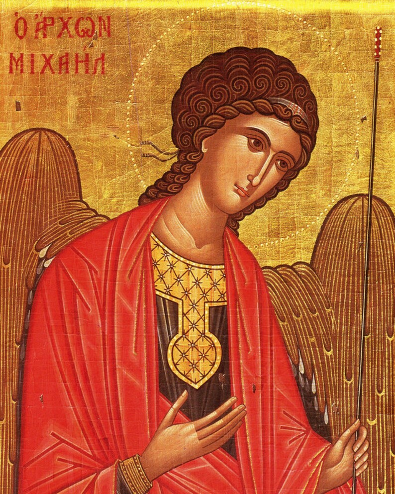 May include: A Byzantine icon depicting the Archangel Michael, a winged figure with a golden halo and a red robe. The icon is painted on a gold background with the text "&Omicron; &Alpha;&Rho;&Chi;&Omega;&Nu; &Mu;&Iota;&Chi;&Alpha;&Eta;&Lambda;" in Greek.