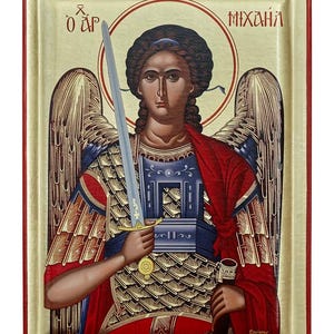 Ärkeängeln Mikael ikon, handgjord grekisk-ortodox serigrafi med bladguld, bysantinsk konstväggbonad på graverat trä, religiös dekor, Chr