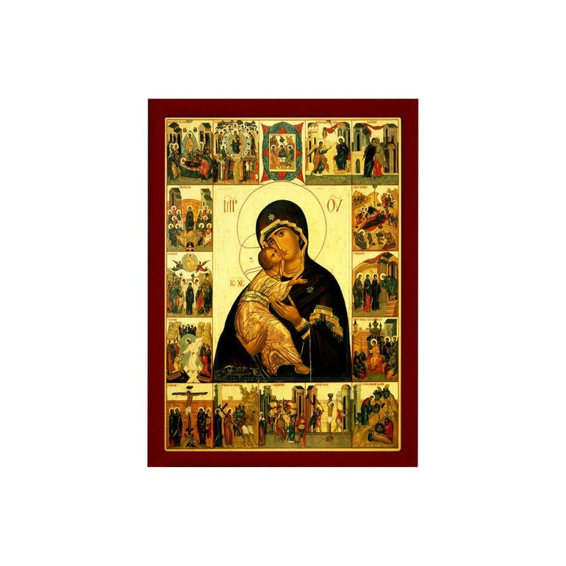 Puede incluir: Un icono de estilo vintage que representa a la Virgen Mar&iacute;a sosteniendo al ni&ntilde;o Jes&uacute;s. El icono est&aacute; rodeado de escenas m&aacute;s peque&ntilde;as que representan eventos de la vida de Jes&uacute;s. El icono est&aacute; pintado en un estilo tradicional con acentos dorados.