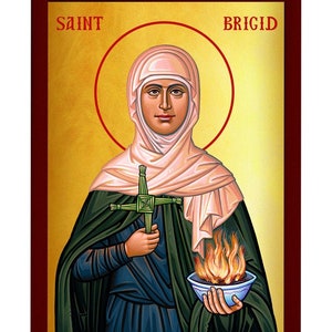 Saint Brigid icon, Handmade Greek Catholic Orthodox icon of St Brigid of Ireland, Byzantine art wall hanging wood plaque religious decor image 2