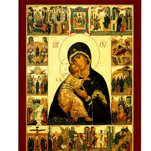 Puede incluir: Un icono religioso que representa a la Virgen Mar&iacute;a sosteniendo al ni&ntilde;o Jes&uacute;s. El icono est&aacute; rodeado de escenas m&aacute;s peque&ntilde;as de la vida de Jes&uacute;s, incluyendo la Anunciaci&oacute;n, la Natividad, la Adoraci&oacute;n de los Magos, la Presentaci&oacute;n en el Templo, la Huida a Egipto, la Matanza de los Inocentes, el Bautismo de Jes&uacute;s, la Transfiguraci&oacute;n, la Entrada en Jerusal&eacute;n, la &Uacute;ltima Cena, el Jard&iacute;n de Getseman&iacute;, el Arresto de Jes&uacute;s, el Juicio de Jes&uacute;s, la Crucifixi&oacute;n, la Resurrecci&oacute;n y la Ascensi&oacute;n.