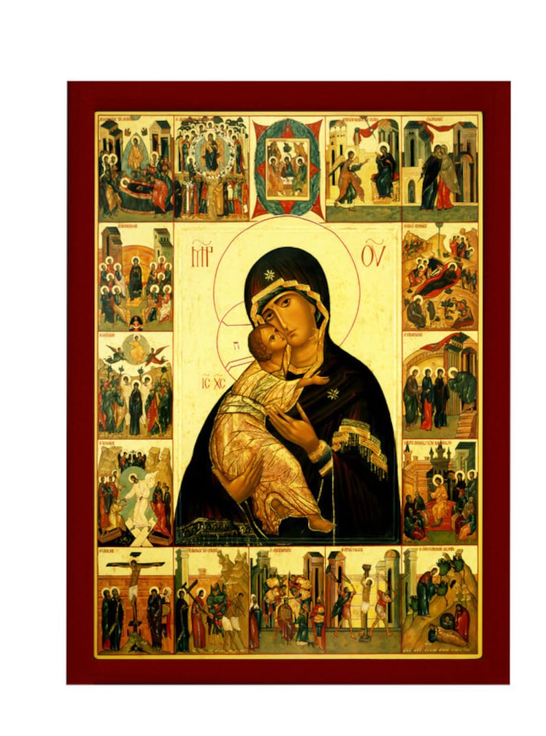 Puede incluir: Un icono religioso que representa a la Virgen Mar&iacute;a sosteniendo al ni&ntilde;o Jes&uacute;s. El icono est&aacute; rodeado de escenas m&aacute;s peque&ntilde;as de la vida de Jes&uacute;s, incluyendo la Anunciaci&oacute;n, la Natividad, la Adoraci&oacute;n de los Magos, la Presentaci&oacute;n en el Templo, la Huida a Egipto, la Matanza de los Inocentes, el Bautismo de Jes&uacute;s, la Transfiguraci&oacute;n, la Entrada en Jerusal&eacute;n, la &Uacute;ltima Cena, el Jard&iacute;n de Getseman&iacute;, el Arresto de Jes&uacute;s, el Juicio de Jes&uacute;s, la Crucifixi&oacute;n, la Resurrecci&oacute;n y la Ascensi&oacute;n.
