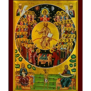 May include: A religious icon depicting Jesus Christ surrounded by a circle of saints and angels. The icon is painted in a traditional Byzantine style with gold backgrounds and vibrant colors. The text "oi ágioi" and "πάντες" is visible at the top of the icon.