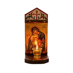 Christian Iconostasis with Virgin Mary, Handmade Mount Athos Orthodox shrine with Mother of God,Byzantine altar wall hanging wood plaque