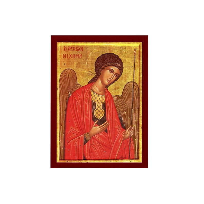 May include: A traditional Byzantine icon depicting the Archangel Michael, a winged figure with a golden halo and red robes. The icon is painted on a wooden panel and framed in a dark red frame. The text "&Alpha;&Rho;&Chi;&Omega;&Nu; &Mu;&Iota;&Chi;&Alpha;&Eta;&Lambda;" is written in Greek at the top of the icon.