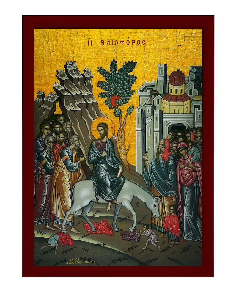 May include: A vintage-style icon depicting Jesus riding a donkey, surrounded by a crowd of people holding palm branches. The icon is painted on a wooden panel with a gold background and the text "&Eta; &Beta;&Alpha;&Iota;&Omicron;&Phi;&Omicron;&Rho;&Omicron;&Sigma;" at the top.