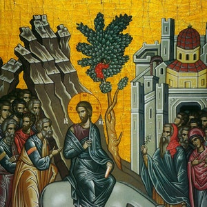 May include: A vintage-style painting depicting a scene from the Bible, showing Jesus riding a donkey into Jerusalem. The painting is done in a traditional style with bright colours and gold accents. The text "&Eta; &Beta;&Alpha;&Iota;&Omicron;&Phi;&Omicron;&Rho;&Omicron;&Sigma;" is written in Greek at the top of the painting.