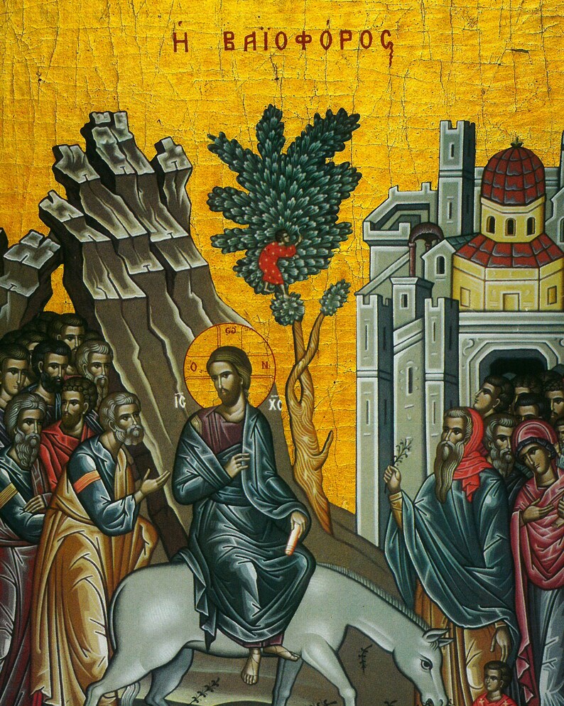 May include: A vintage-style painting depicting a scene from the Bible, showing Jesus riding a donkey into Jerusalem. The painting is done in a traditional style with bright colours and gold accents. The text "&Eta; &Beta;&Alpha;&Iota;&Omicron;&Phi;&Omicron;&Rho;&Omicron;&Sigma;" is written in Greek at the top of the painting.