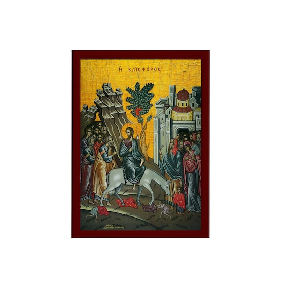 Palm Sunday Jesus Christ icon, Handmade Greek Orthodox icon of Jesus Christ Triumphal Entry, Byzantine art wall hanging on wood plaque icon