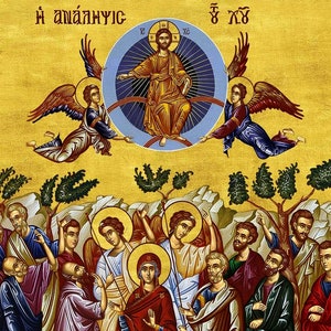 Pode incluir: Um &iacute;cone religioso que representa a ascens&atilde;o de Jesus Cristo ao c&eacute;u, rodeado por anjos e disc&iacute;pulos. O &iacute;cone &eacute; pintado em um estilo bizantino tradicional com cores vibrantes e detalhes dourados. O texto no topo diz "&Eta; ἀ&nu;ά&lambda;&eta;&psi;&iota;&sigmaf;", que em grego significa "A Ascens&atilde;o".