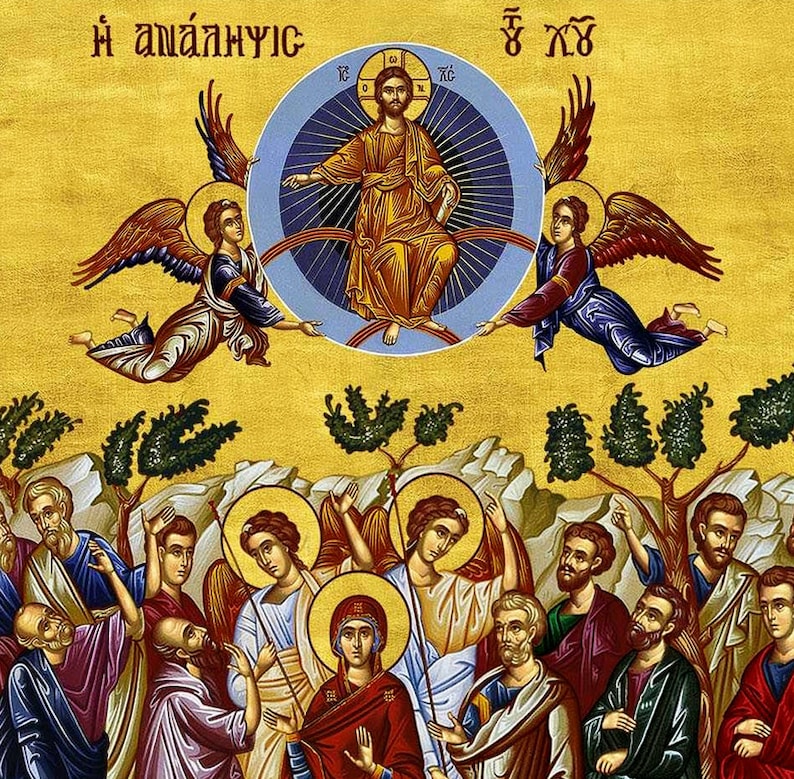 Pode incluir: Um &iacute;cone religioso que representa a ascens&atilde;o de Jesus Cristo ao c&eacute;u, rodeado por anjos e disc&iacute;pulos. O &iacute;cone &eacute; pintado em um estilo bizantino tradicional com cores vibrantes e detalhes dourados. O texto no topo diz "&Eta; ἀ&nu;ά&lambda;&eta;&psi;&iota;&sigmaf;", que em grego significa "A Ascens&atilde;o".