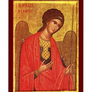 May include: A Byzantine icon of the Archangel Michael, painted in a traditional style. The icon depicts Michael with golden wings, a red robe, and a spear. The inscription at the top reads "&Alpha;&Rho;&Chi;&Omega;&Nu; &Mu;&Iota;&Chi;&Alpha;&Eta;&Lambda;".