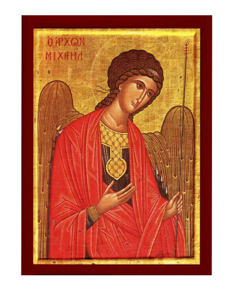 May include: A Byzantine icon of the Archangel Michael, painted in a traditional style. The icon depicts Michael with golden wings, a red robe, and a spear. The inscription at the top reads "&Alpha;&Rho;&Chi;&Omega;&Nu; &Mu;&Iota;&Chi;&Alpha;&Eta;&Lambda;".