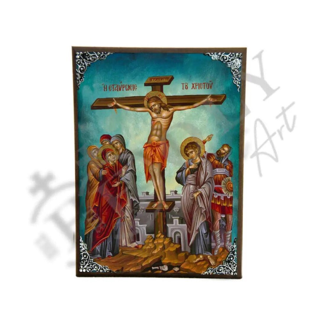The Crucifixion Icon, Jesus Christ Holy Cross Handmade Greek Orthodox ...