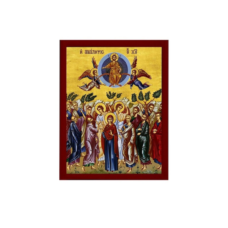 Pode incluir: Um &iacute;cone religioso que representa a Ascens&atilde;o de Jesus Cristo. Jesus &eacute; mostrado ascendendo ao c&eacute;u rodeado de anjos, enquanto a Virgem Maria e os ap&oacute;stolos olham para cima. O &iacute;cone &eacute; pintado em um estilo bizantino tradicional com cores vibrantes e detalhes dourados.