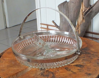 60s crystal glass serving bowl for snacks or sweets with chrome handle