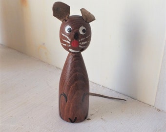 60s handmade cute cat made of wood / leather ears unique