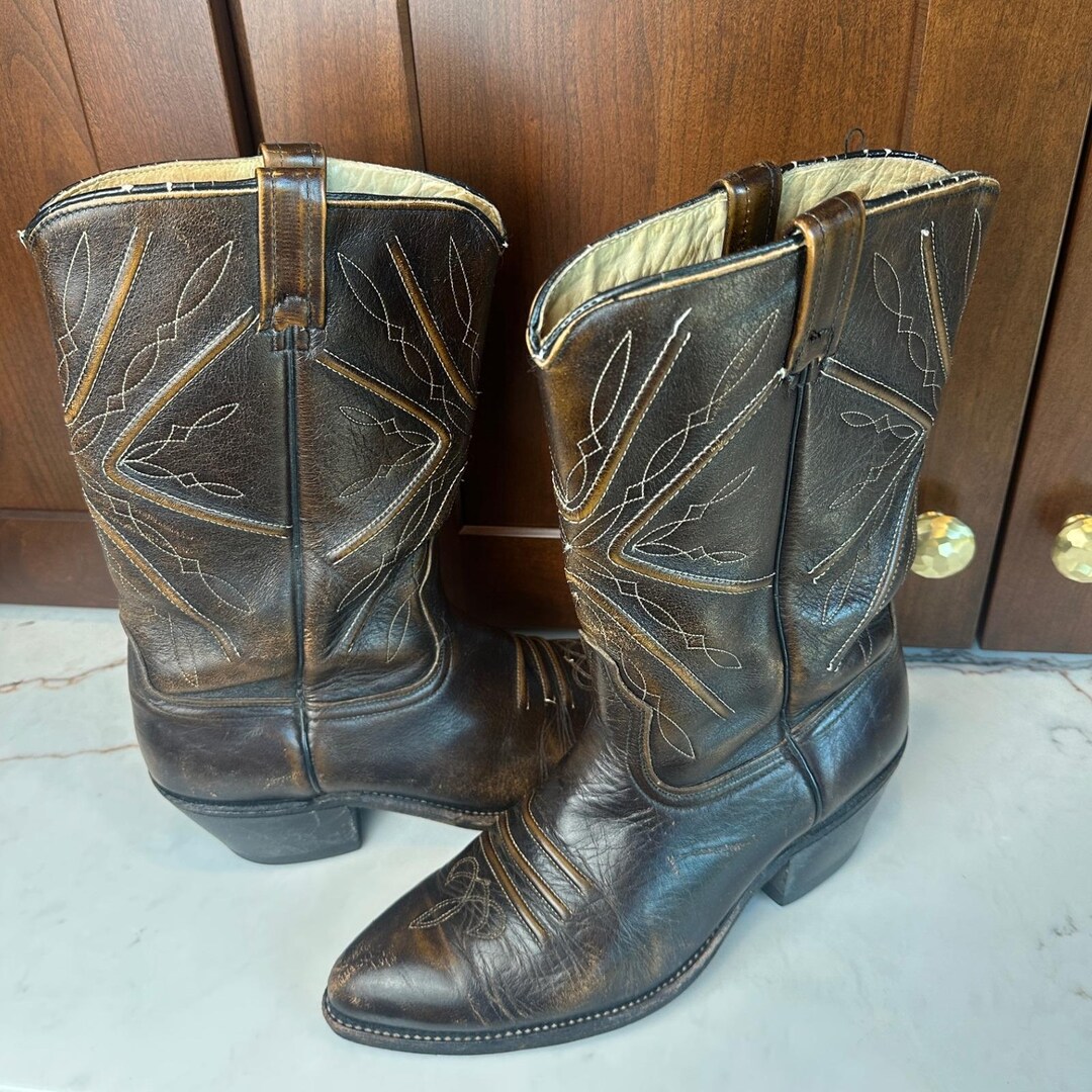 ACME! RARE VINTAGE COWBOY BOOTS SIZE MENS 9D~ EMBROIDERED WESTERN BOOTS IN BROWN 1960 main image 4