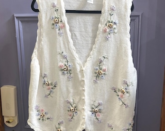 Vintage Floral Embroidered Pearl Button Knit Vest Cream Cottage Boho Grandma 3X