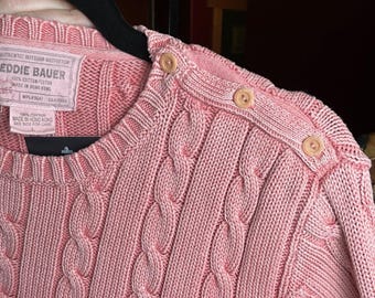 Eddie Bauer - Pull en maille torsadée rose femme, coton, moyen, bouton, épaule vintage
