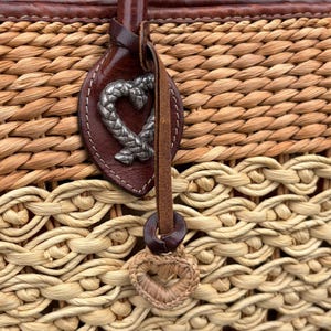Brighton Straw Tote Bag Leather Trim Woven Heart Floral Lining Tan Brown Vintage image 2