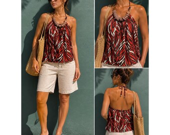 Y2K Baumwolle Neckholder Top Boho Holzscheiben Ausschnitt Abstrakt Print Rost Braun Mittel