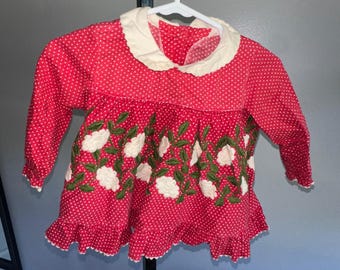 Vintage Red Polka Dot Dress Embroidered Floral Ruffle Hem Girls Toddler