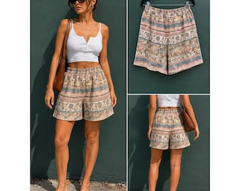 Pantaloncini lunghi vintage anni '90 a vita alta, stile boho, in rayon con stampa floreale, Made in USA, taglia 4.