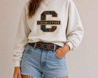Sudadera vintage de los 90 de Charlevoix, Michigan, con estampado paisley, corte recto y cuello redondo, estilo costero de EE. UU. Talla M