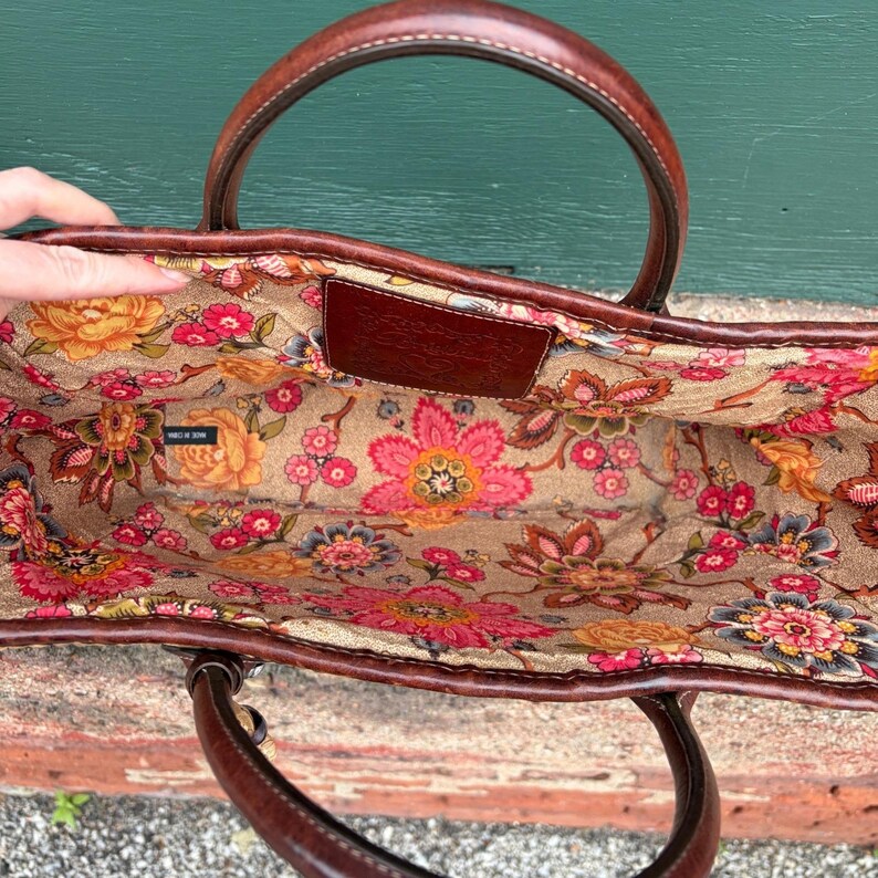 Brighton Straw Tote Bag Leather Trim Woven Heart Floral Lining Tan Brown Vintage image 4