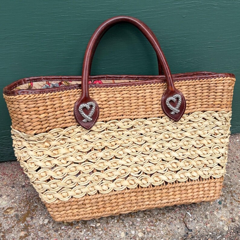 Brighton Straw Tote Bag Leather Trim Woven Heart Floral Lining Tan Brown Vintage image 3