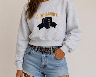 Vintage Oarsman 913 grijs bijgesneden kustsweater jaren 90 Preppy Charlevouix M