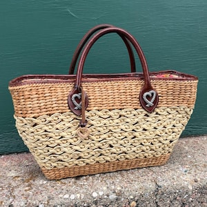 Brighton Straw Tote Bag Leather Trim Woven Heart Floral Lining Tan Brown Vintage image 1