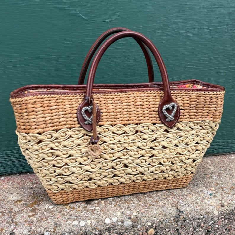 Brighton Straw Tote Bag Leather Trim Woven Heart Floral Lining Tan Brown Vintage image 1
