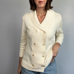 Suéter tipo cárdigan cruzado de punto de algodón color crema Lauren Ralph Lauren, talla M