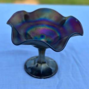 Antique Amethyst Carnival Glass Ruffled Candy Dish Iridescent Pedestal Bowl