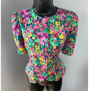 Vintage 80s Floral Coordinating Set Button Front Puff Sleeve Peplum Top Skirt 6